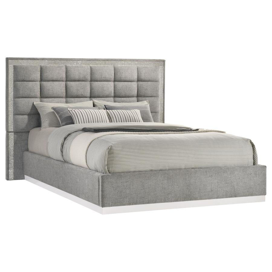 Viana Queen Chenille Platform Bed Grey and White High Gloss