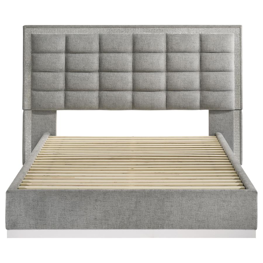 Viana Queen Chenille Platform Bed Grey and White High Gloss