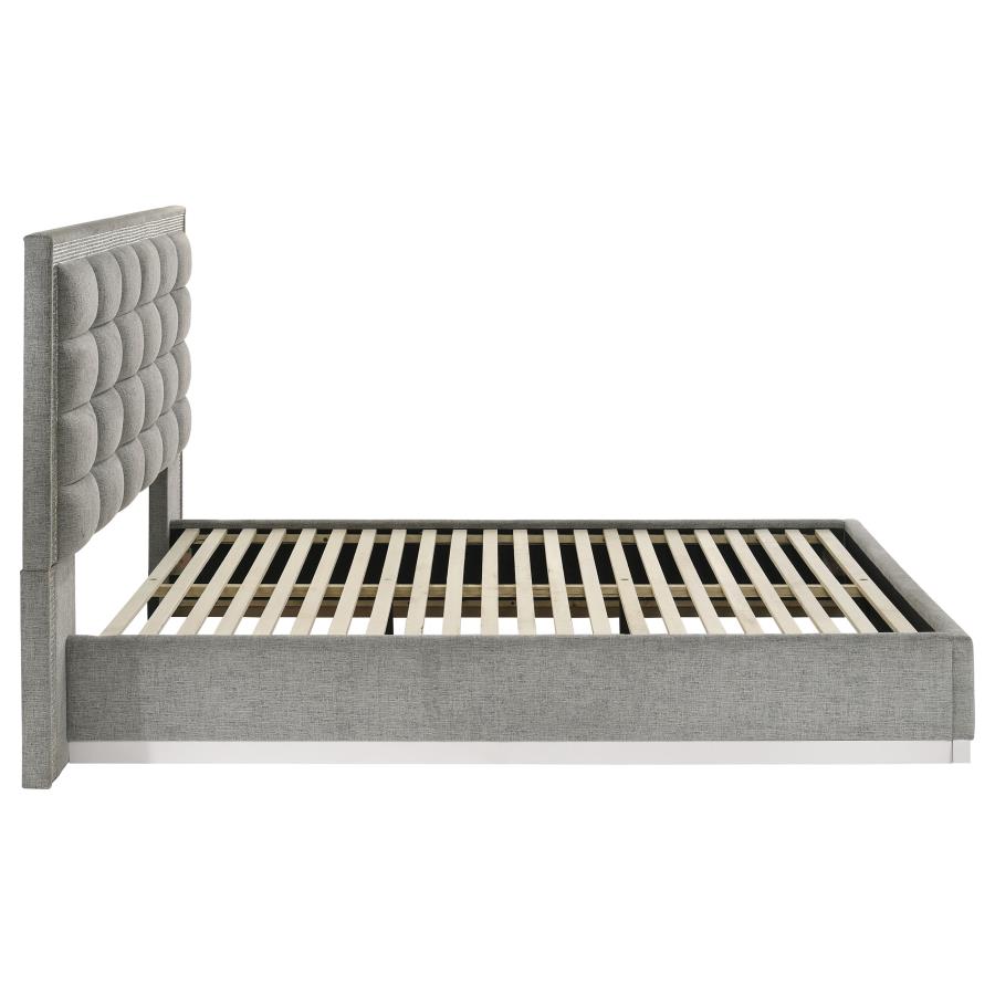 Viana Queen Chenille Platform Bed Grey and White High Gloss