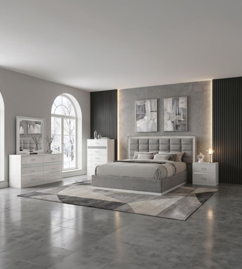 Viana Queen Chenille Platform Bed Grey and White High Gloss