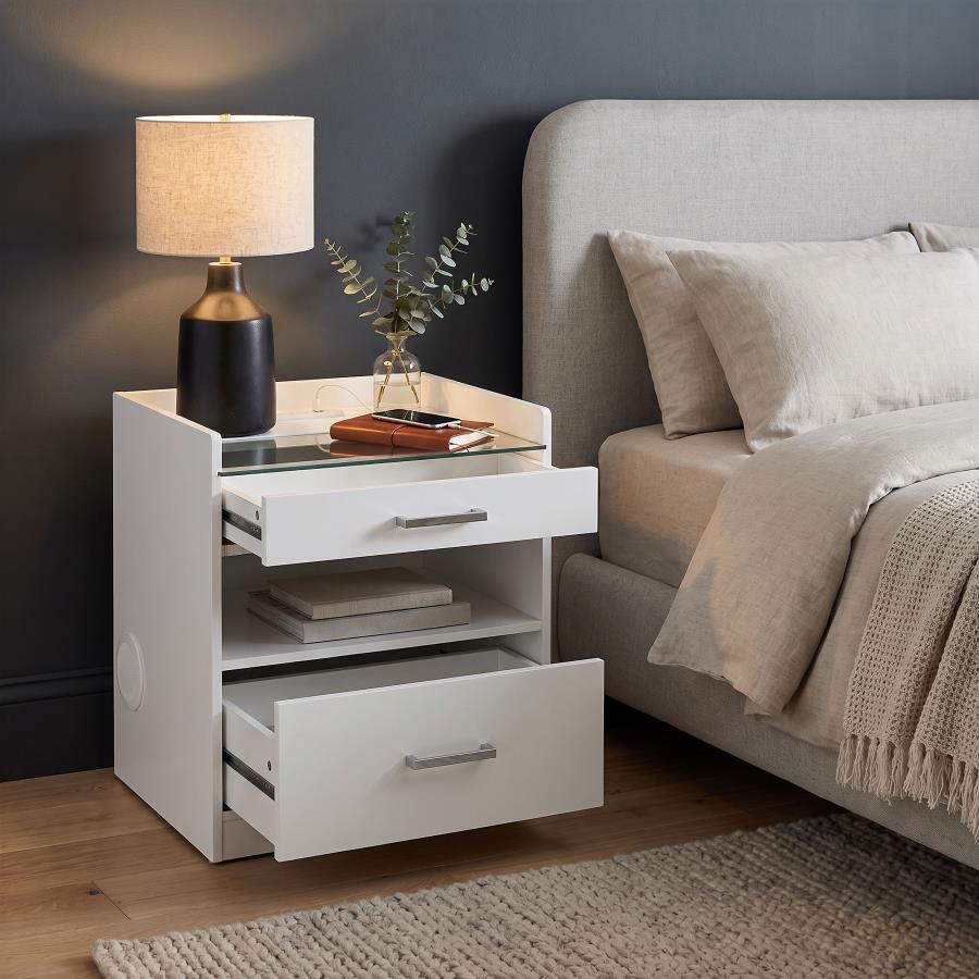 Furda 2-drawer LED Nightstand Bedside Table with Speaker White High Gloss
