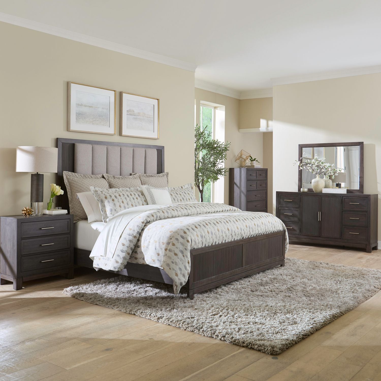 Modern Edge King California Upholstery Bed, Dresser & Mirror, Chest, Nightstand