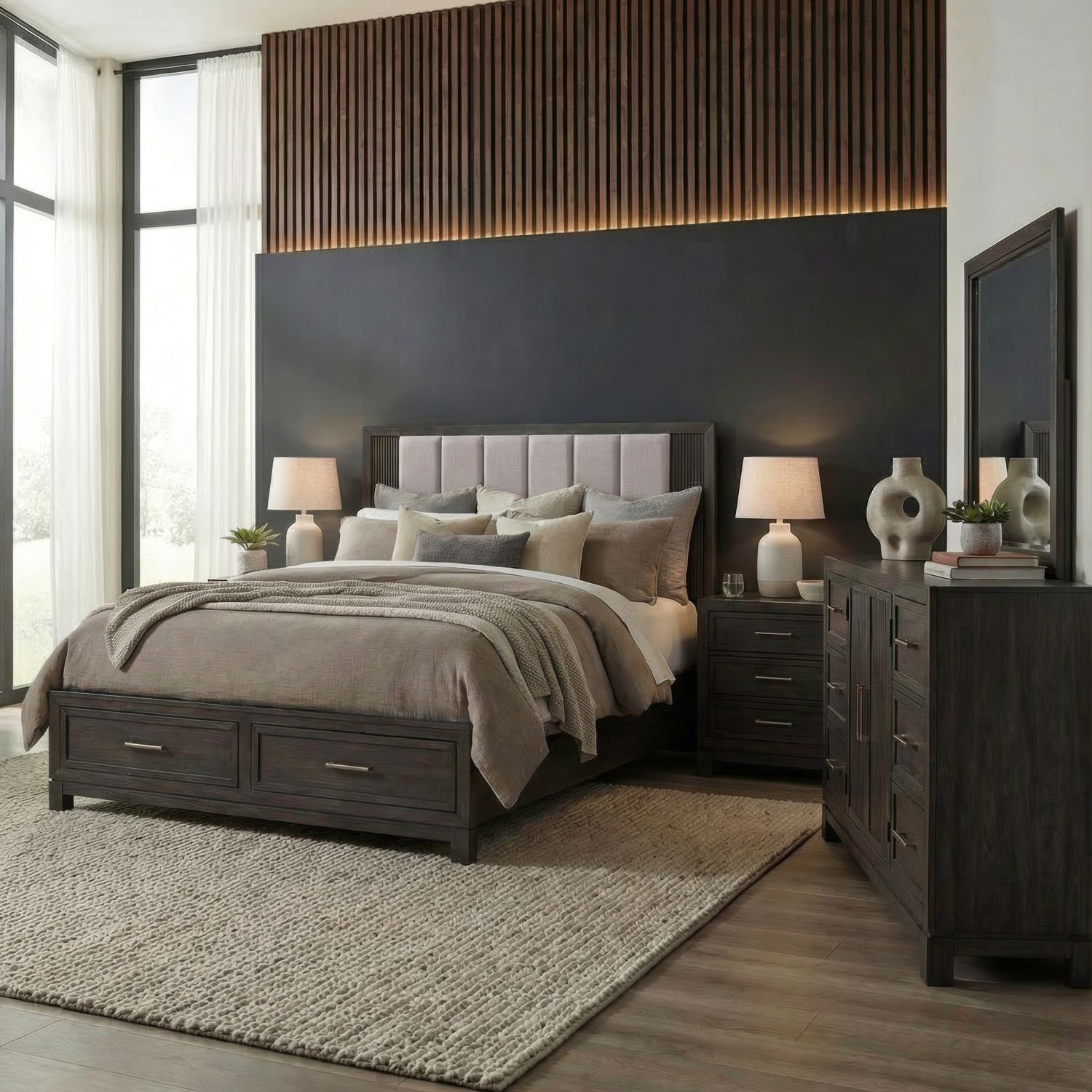 Modern Edge King Storage Bed, Dresser & Mirror, Nightstand
