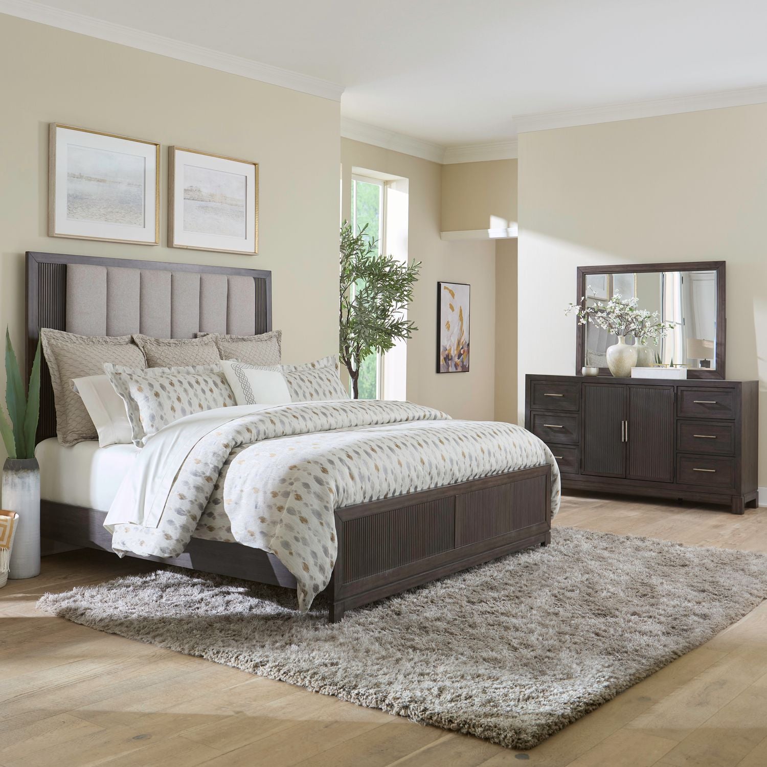 Modern Edge King Upholstery Bed, Dresser & Mirror