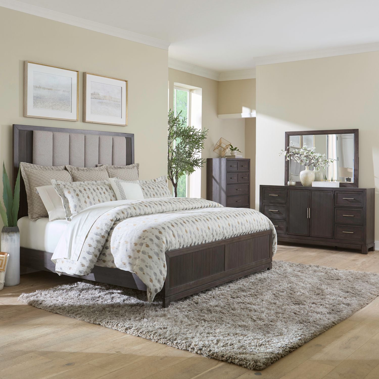Modern Edge King Upholstery Bed, Dresser & Mirror, Chest