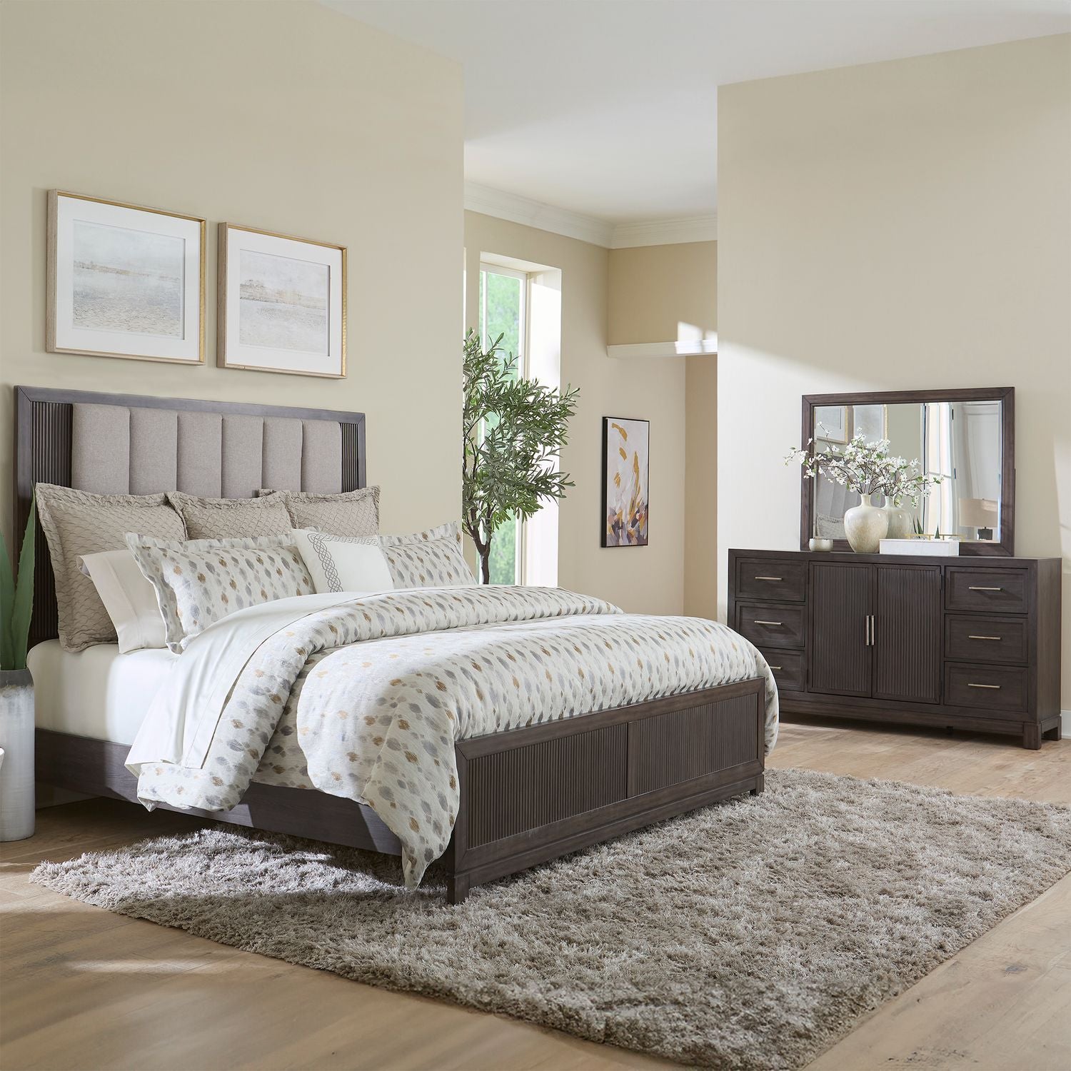 Modern Edge Opt Queen Upholstery Bed, Dresser & Mirror