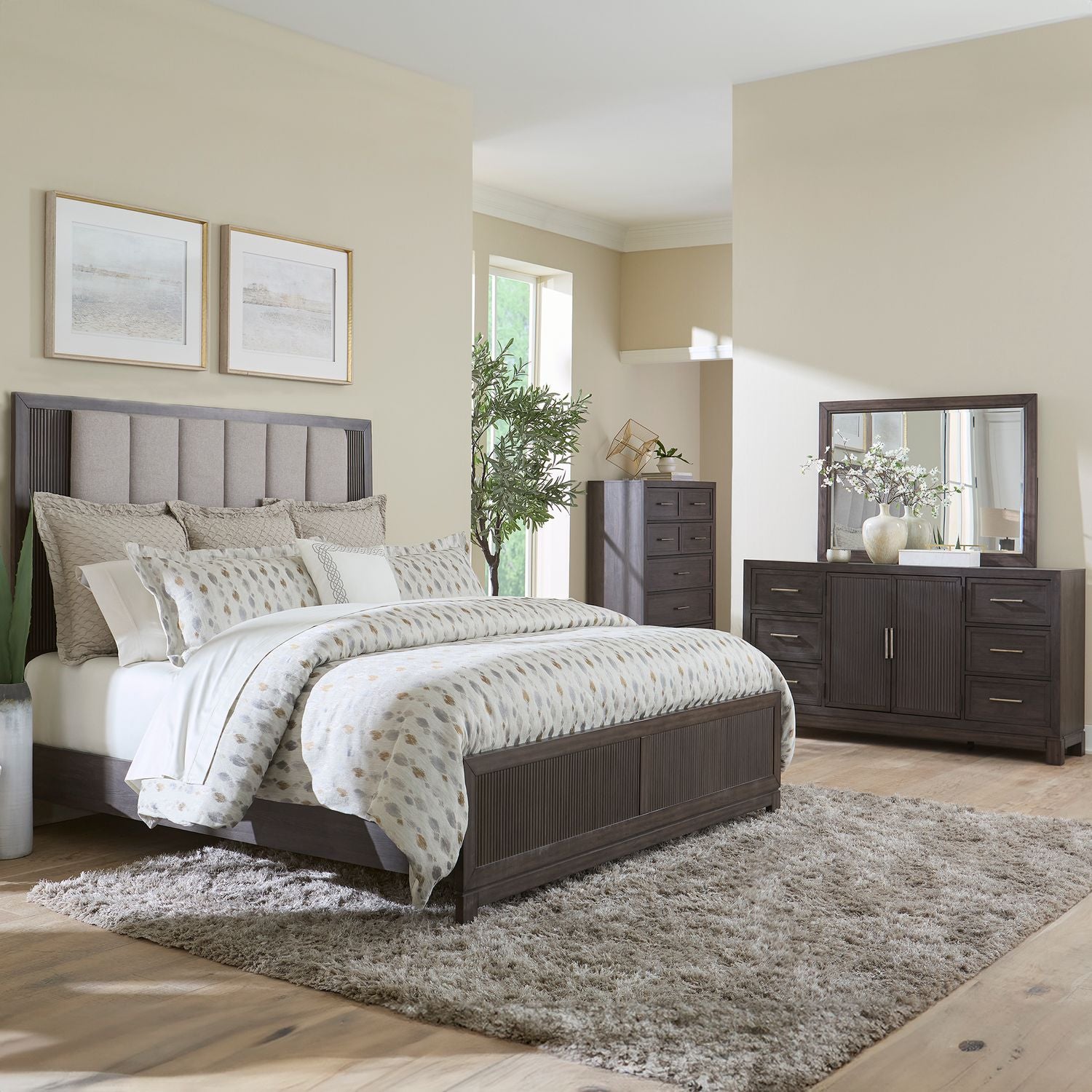 Modern Edge Opt Queen Upholstery Bed, Dresser & Mirror, Chest