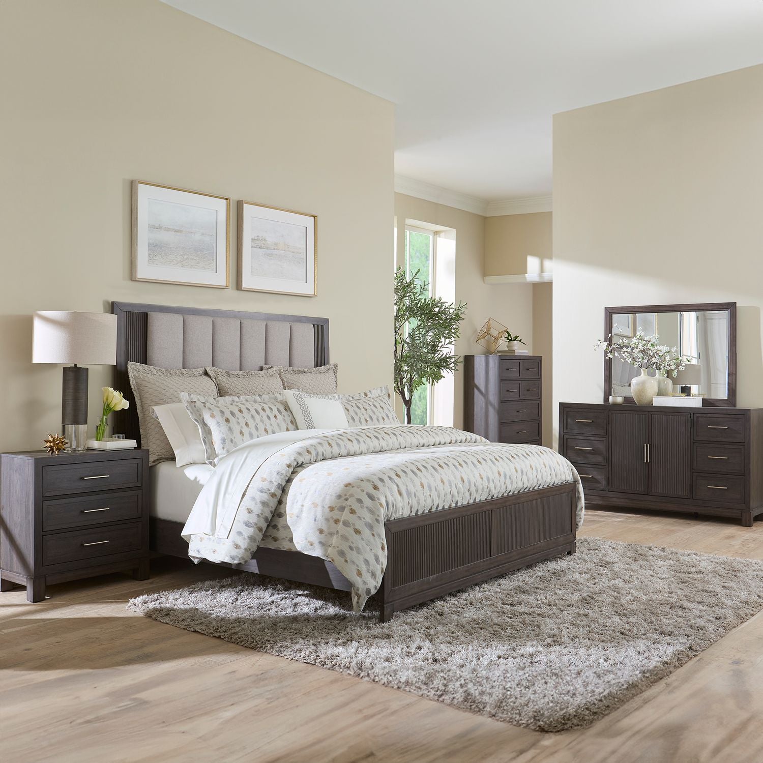 Modern Edge Opt Queen Upholstery Bed, Dresser & Mirror, Chest, Nightstand