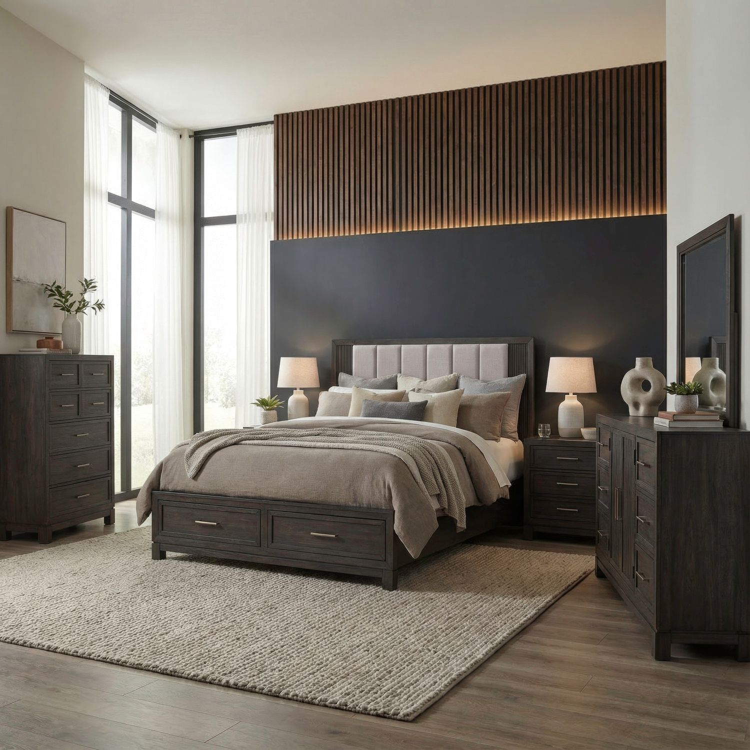 Modern Edge Queen Storage Bed, Dresser & Mirror, Chest, Nightstand