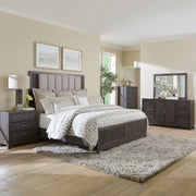 Modern Edge Queen Upholstery Bed, Dresser & Mirror, Chest, Nightstand