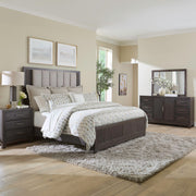 Modern Edge Queen Upholstery Bed, Dresser & Mirror, Nightstand