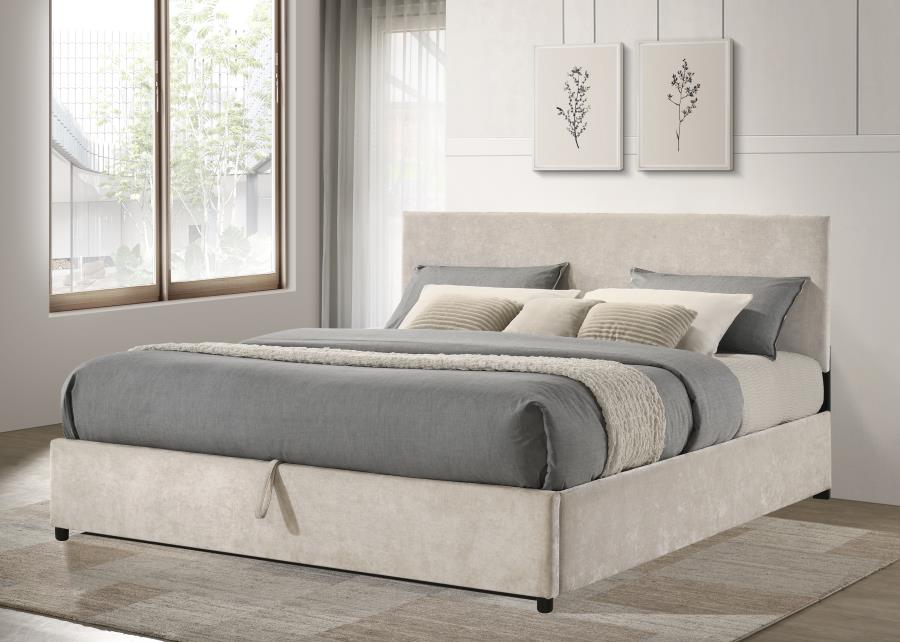 Reeves Upholstered Eastern King Lift-Top Storage Platform Bed Beige