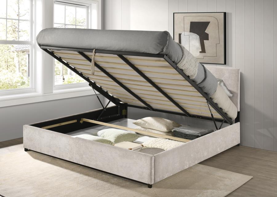 Reeves Upholstered Eastern King Lift-Top Storage Platform Bed Beige