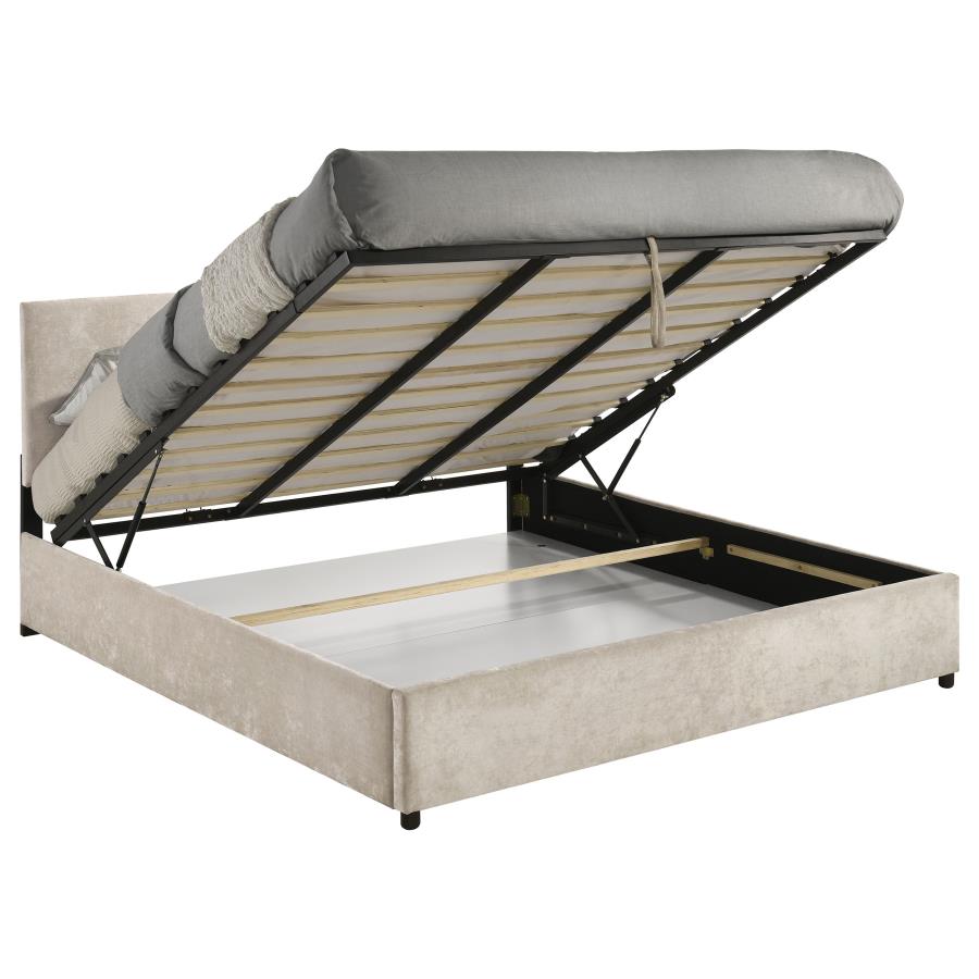 Reeves Upholstered Eastern King Lift-Top Storage Platform Bed Beige