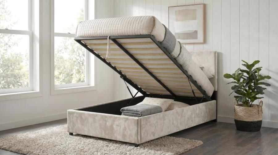 Reeves Upholstered Twin Lift-Top Storage Platform Bed Beige