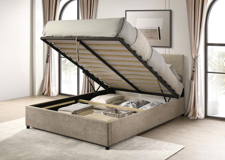 Reeves Upholstered Queen Lift-Top Storage Platform Bed Tan