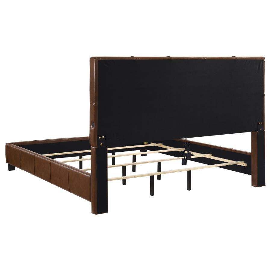 Farrell Eastern King Faux Leather Upholstered Panel Bed Brown