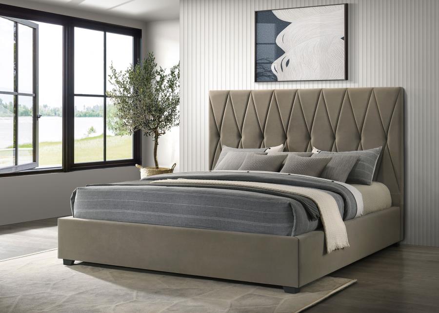 Delsea Upholstered Eastern King Panel Platform Bed Light Brown
