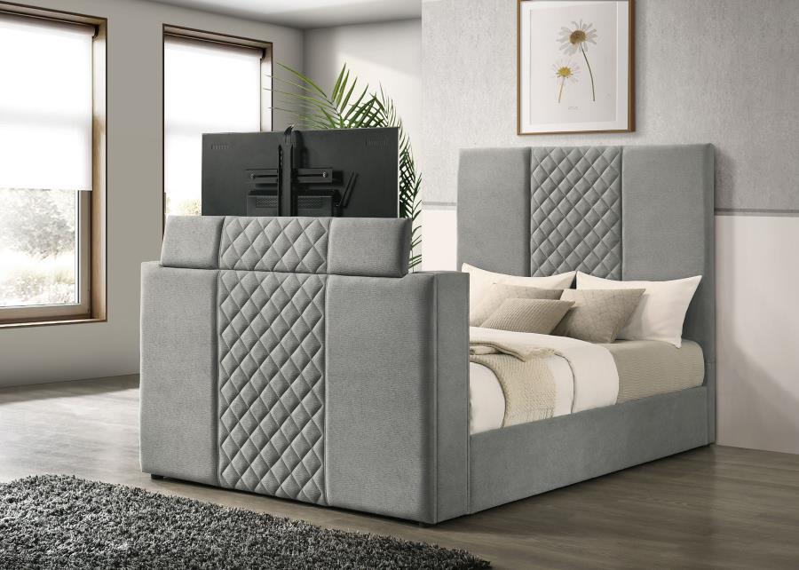 Tara 61-inch Upholstered Queen Panel TV Bed Grey