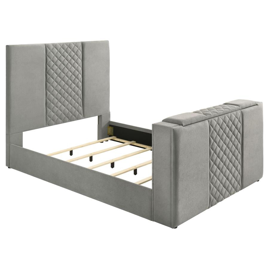 Tara 61-inch Upholstered Queen Panel TV Bed Grey