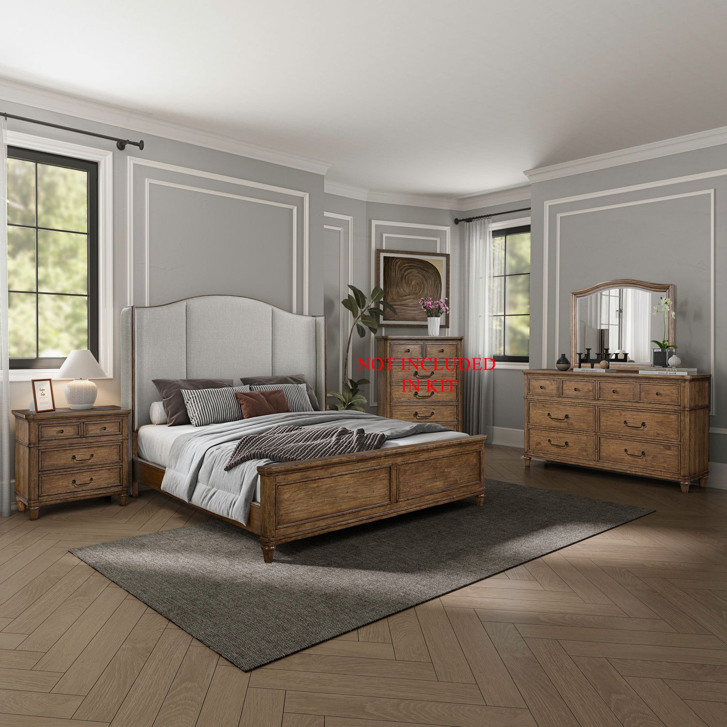 Harrison Heights King Shelter Bed, Dresser & Mirror, Nightstand