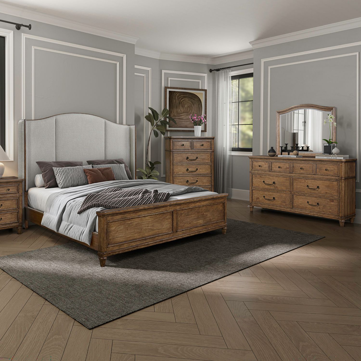 Harrison Heights Queen Shelter Bed, Dresser & Mirror, Chest