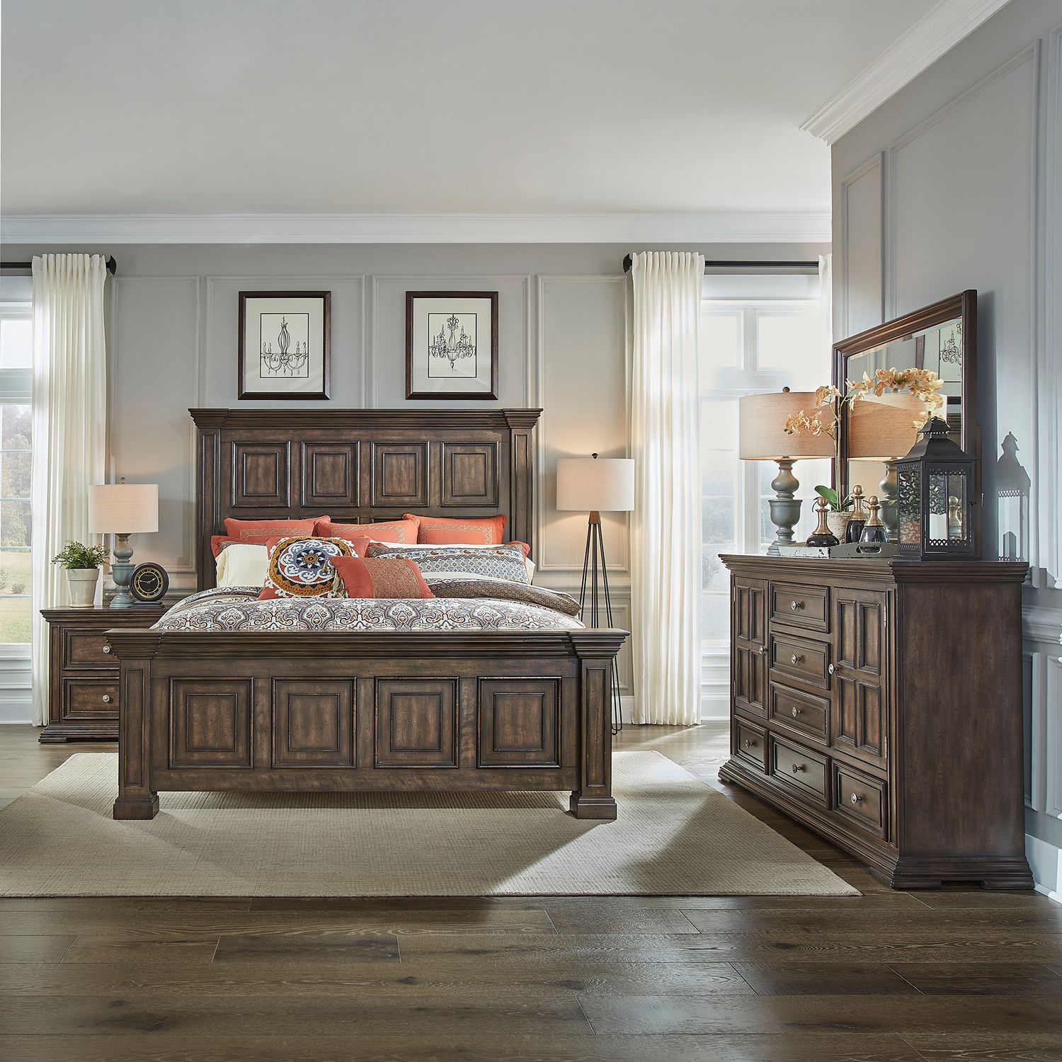 Big Valley King California Panel Bed, Dresser & Mirror, Nightstand
