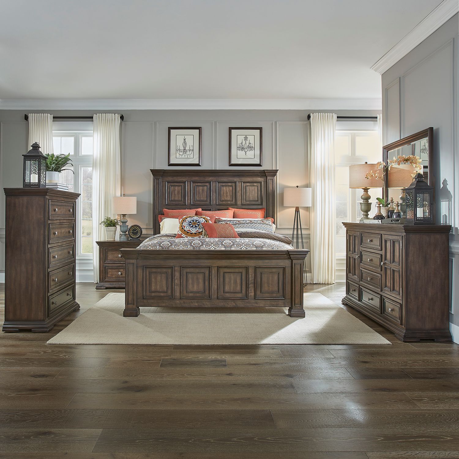 Big Valley King Panel Bed, Dresser & Mirror, Chest, Nightstand