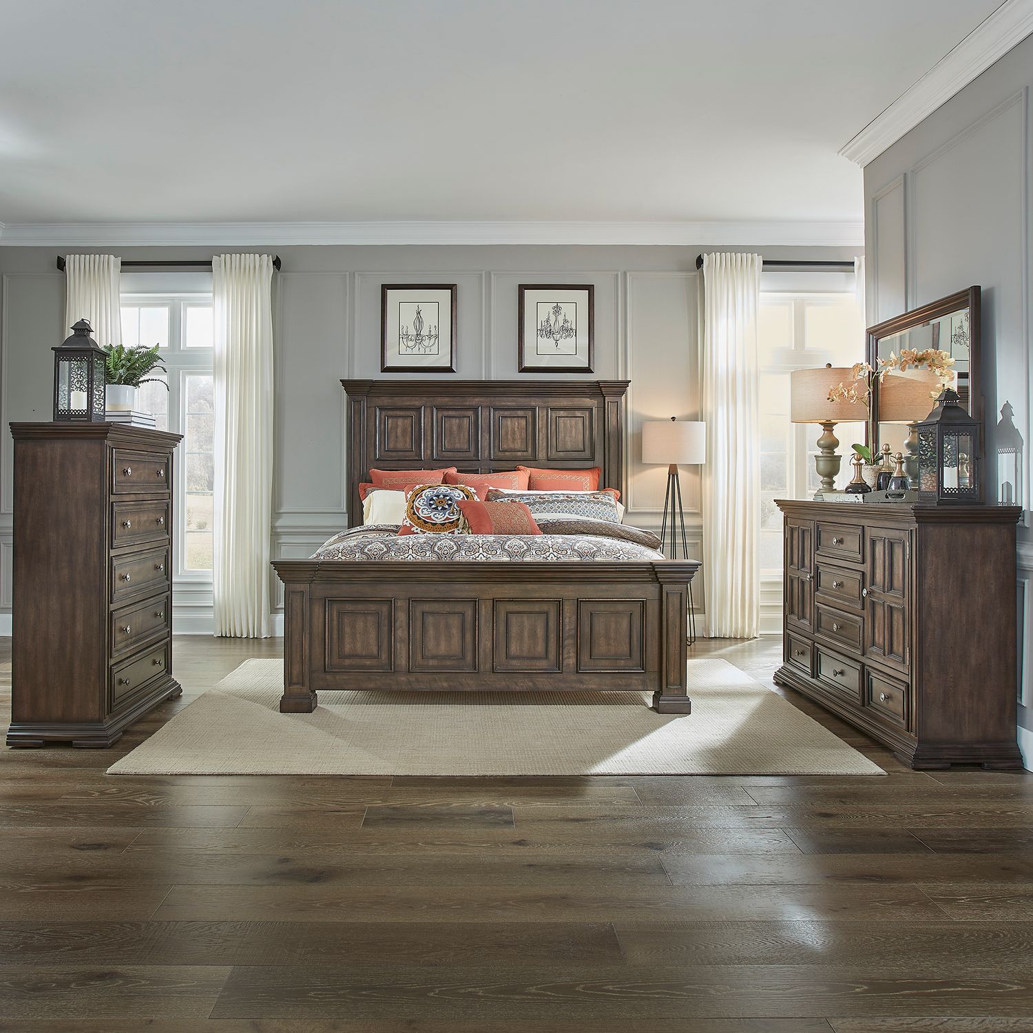 Big Valley Queen Panel Bed, Dresser & Mirror, Chest