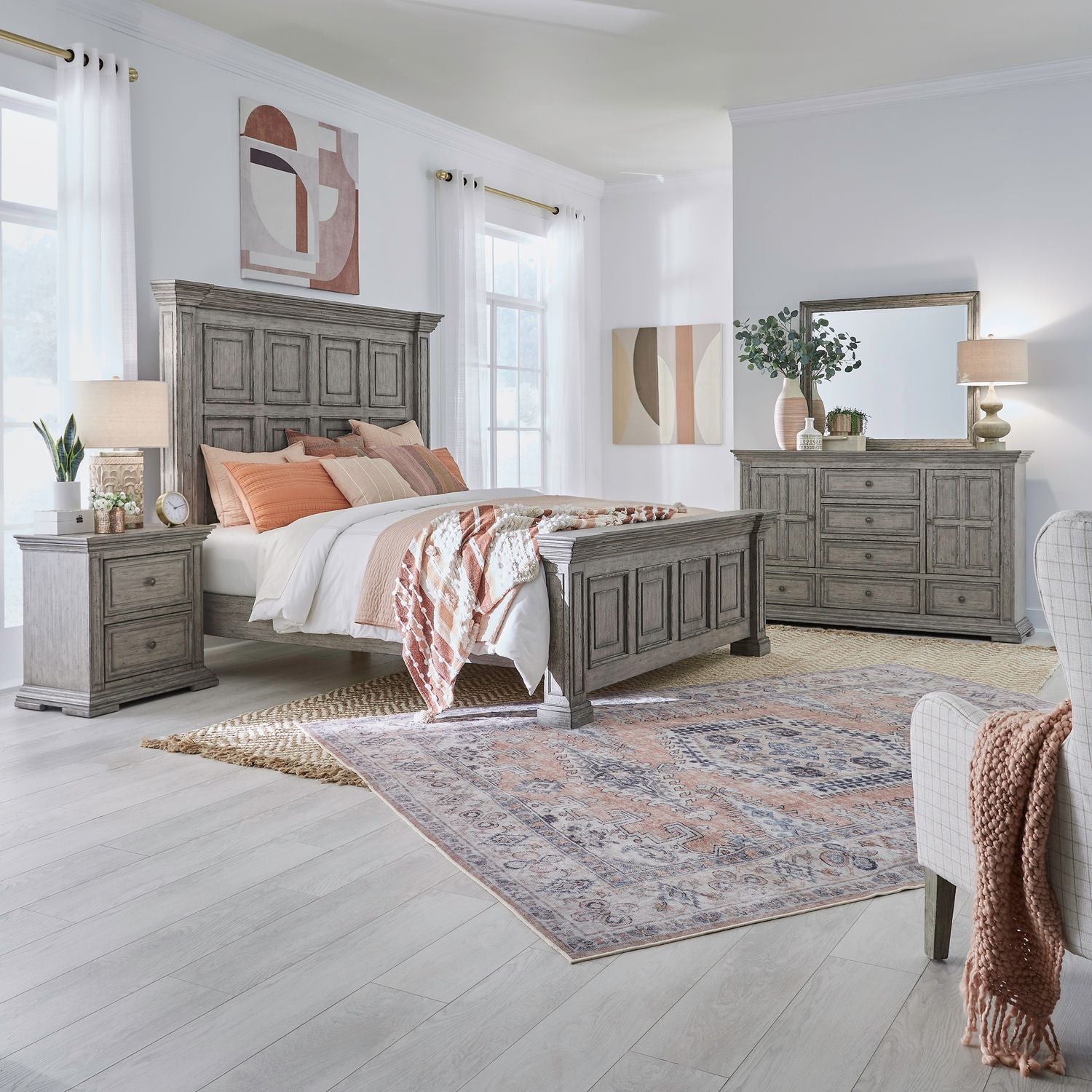 Big Valley King Panel Bed, Dresser & Mirror, Nightstand