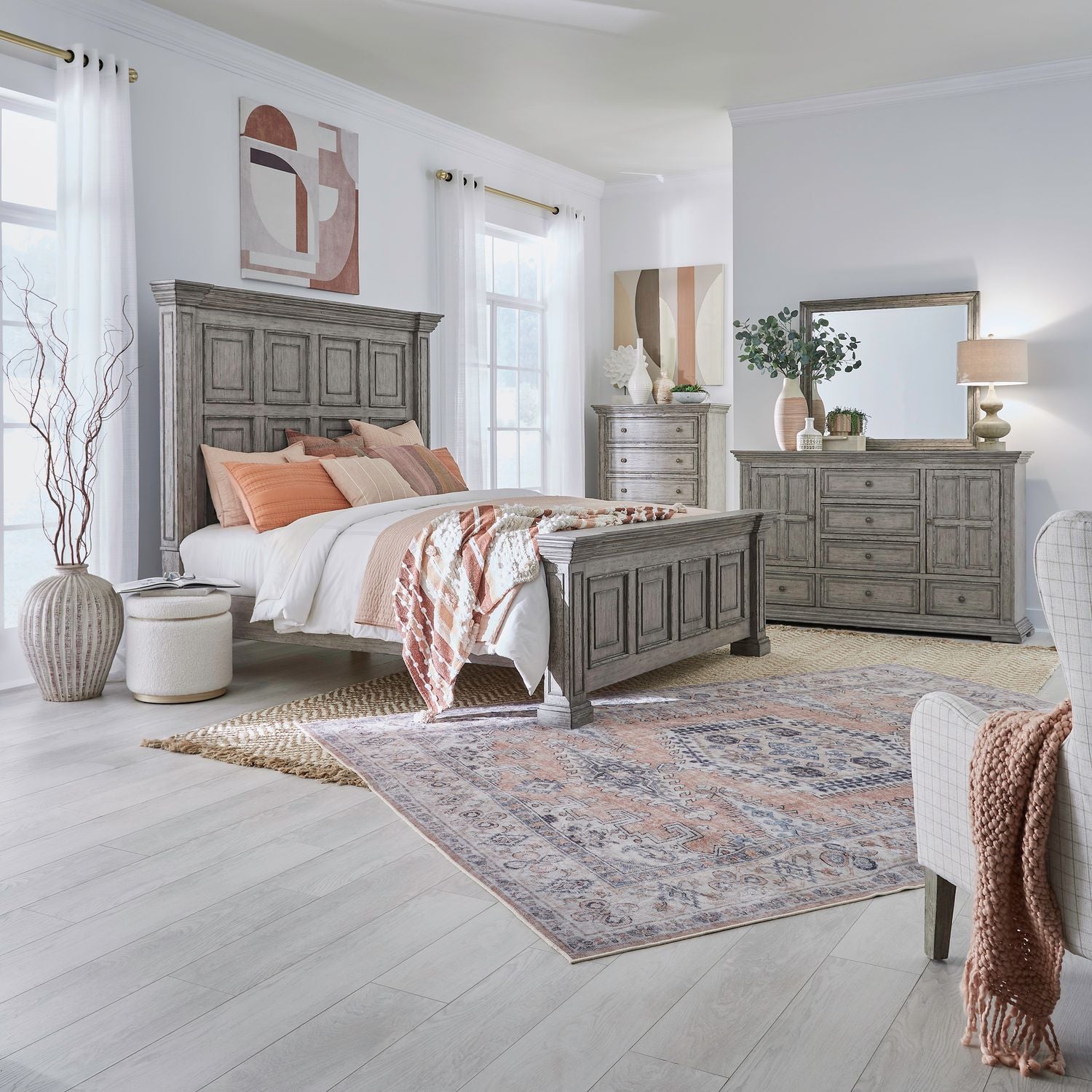 Big Valley Queen Panel Bed, Dresser & Mirror, Chest