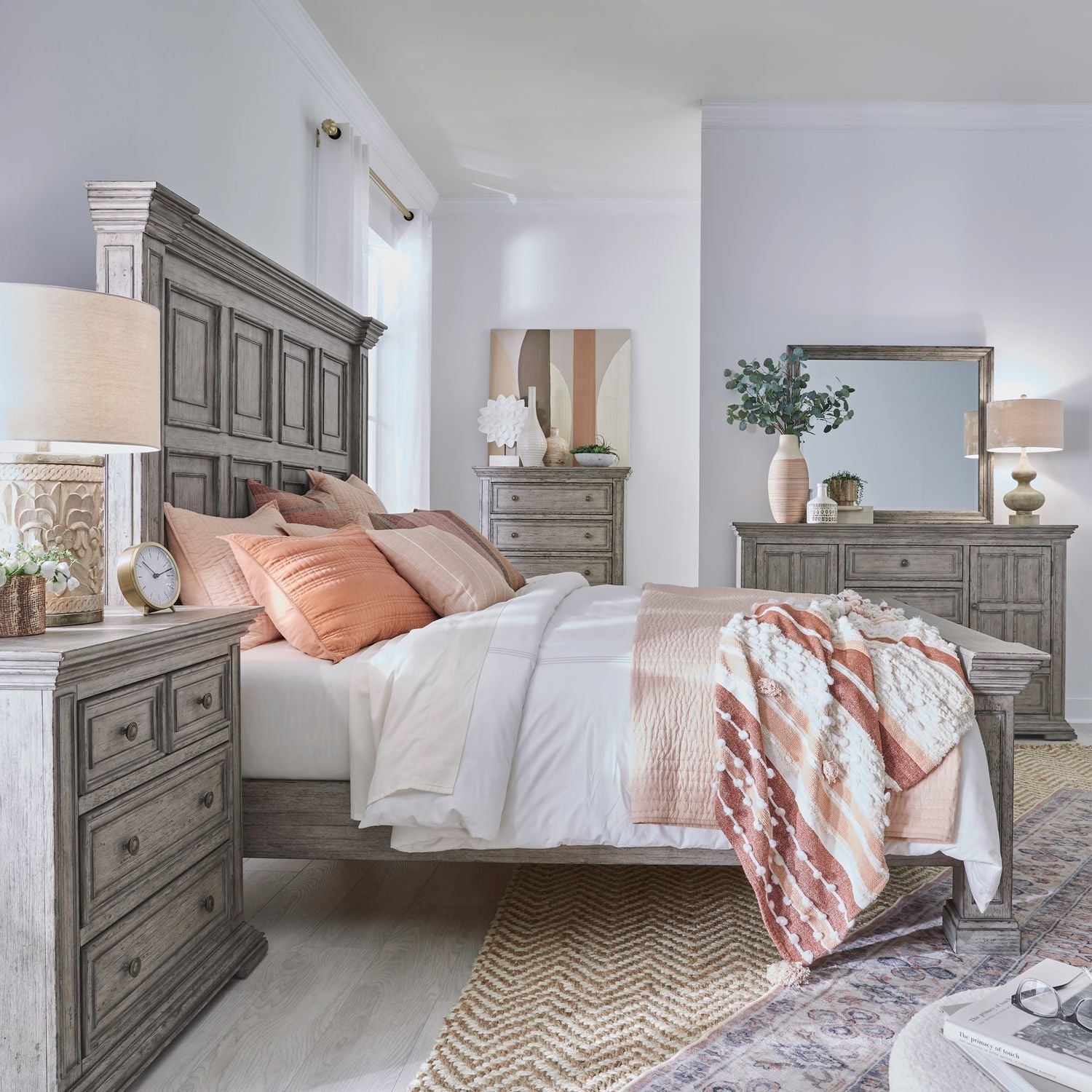 Big Valley Queen Panel Bed, Dresser & Mirror, Chest, Nightstand
