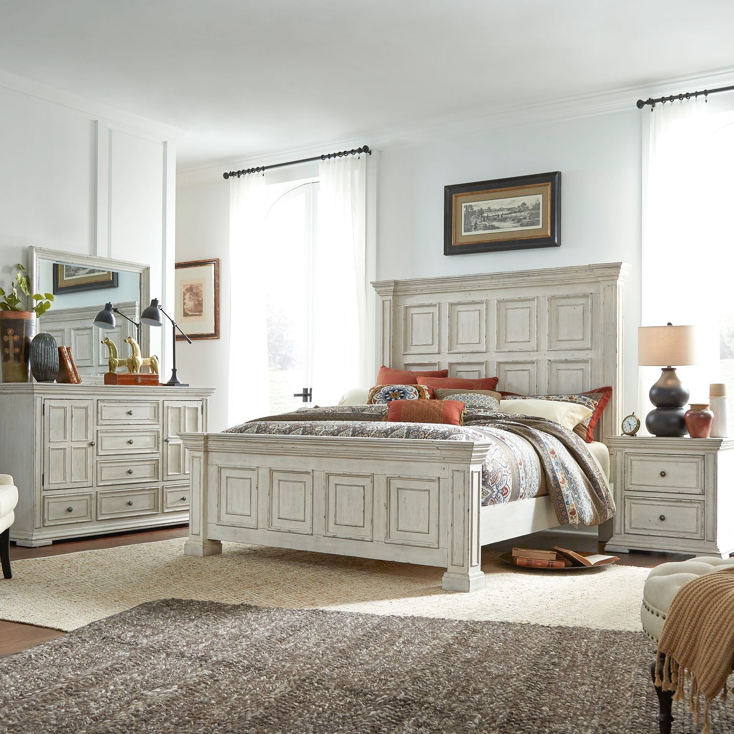 Big Valley King California Panel Bed, Dresser & Mirror, Nightstand