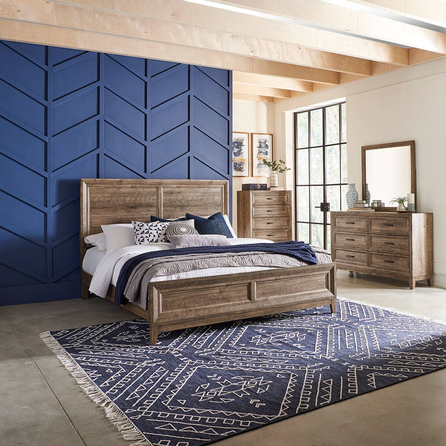 Ridgecrest King California Panel Bed, Dresser & Mirror, Chest