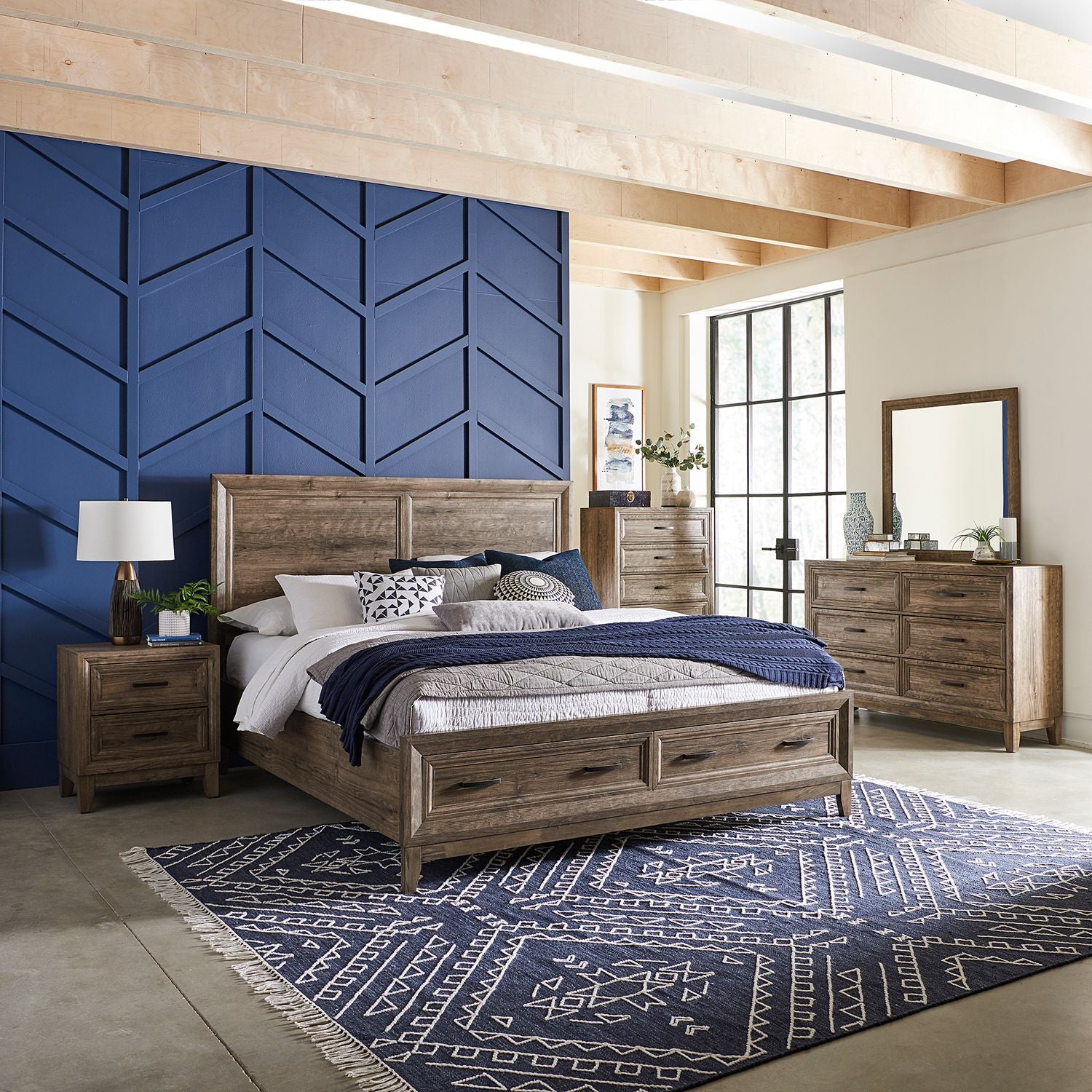 Ridgecrest King Storage Bed, Dresser & Mirror, Chest, Nightstand