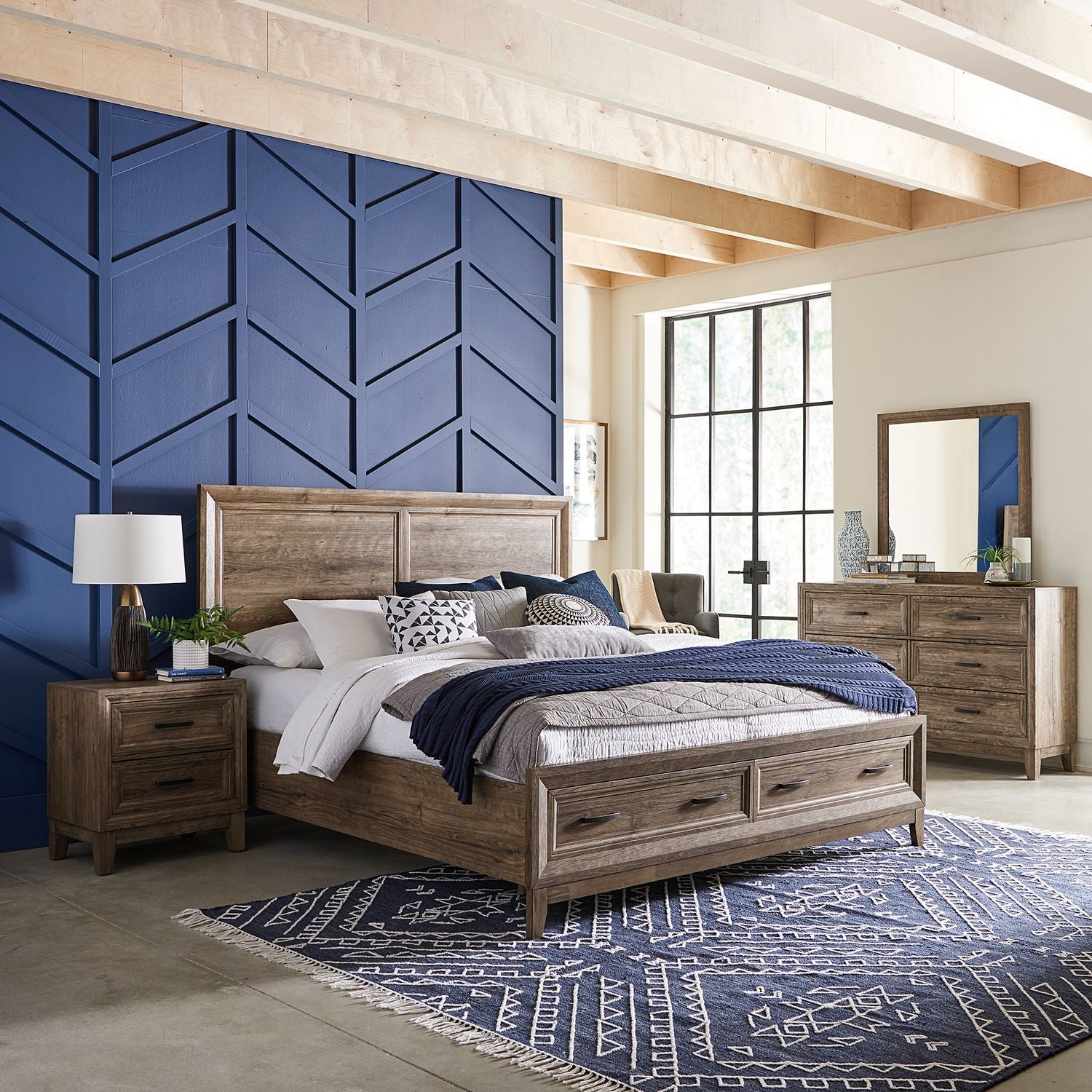 Ridgecrest King Storage Bed, Dresser & Mirror, Nightstand