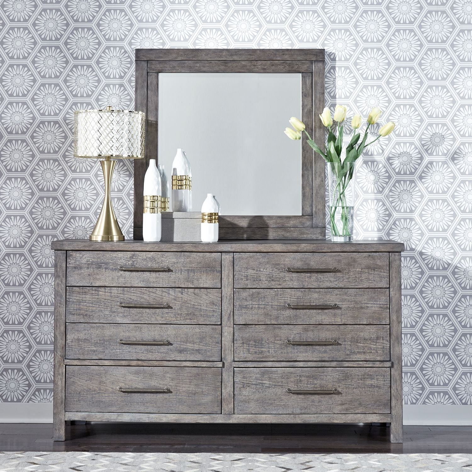 Modern Farmhouse King Platform Bed, Dresser & Mirror