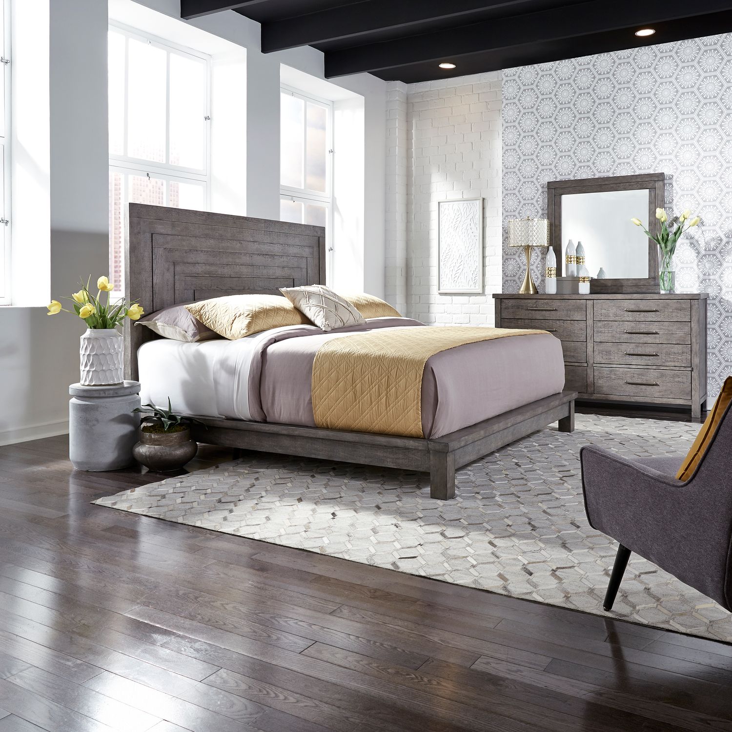 Modern Farmhouse King Platform Bed, Dresser & Mirror