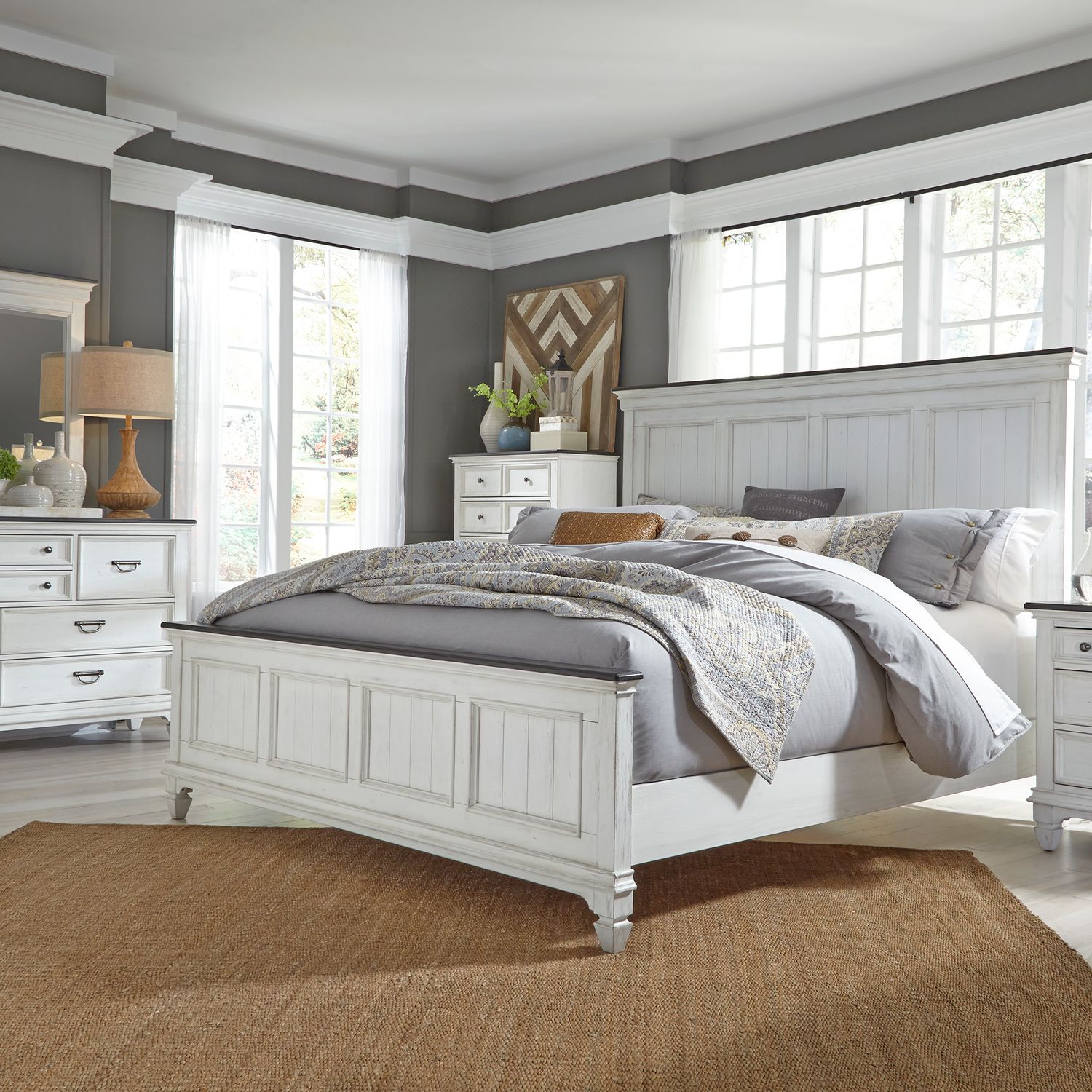 Allyson Park King Panel Bed, Dresser & Mirror, Chest