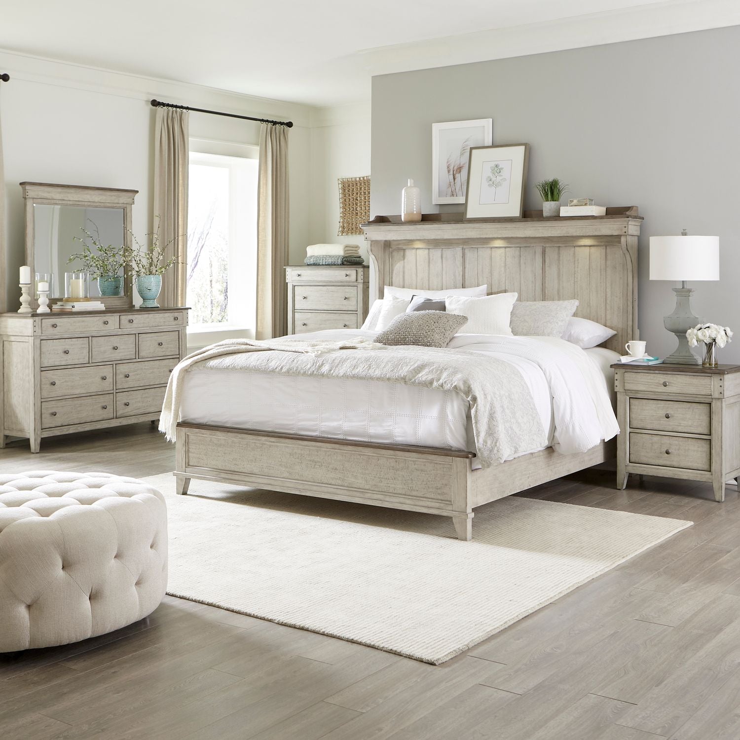 Ivy Hollow King California Mantle Bed, Dresser & Mirror, Chest, Nightstand