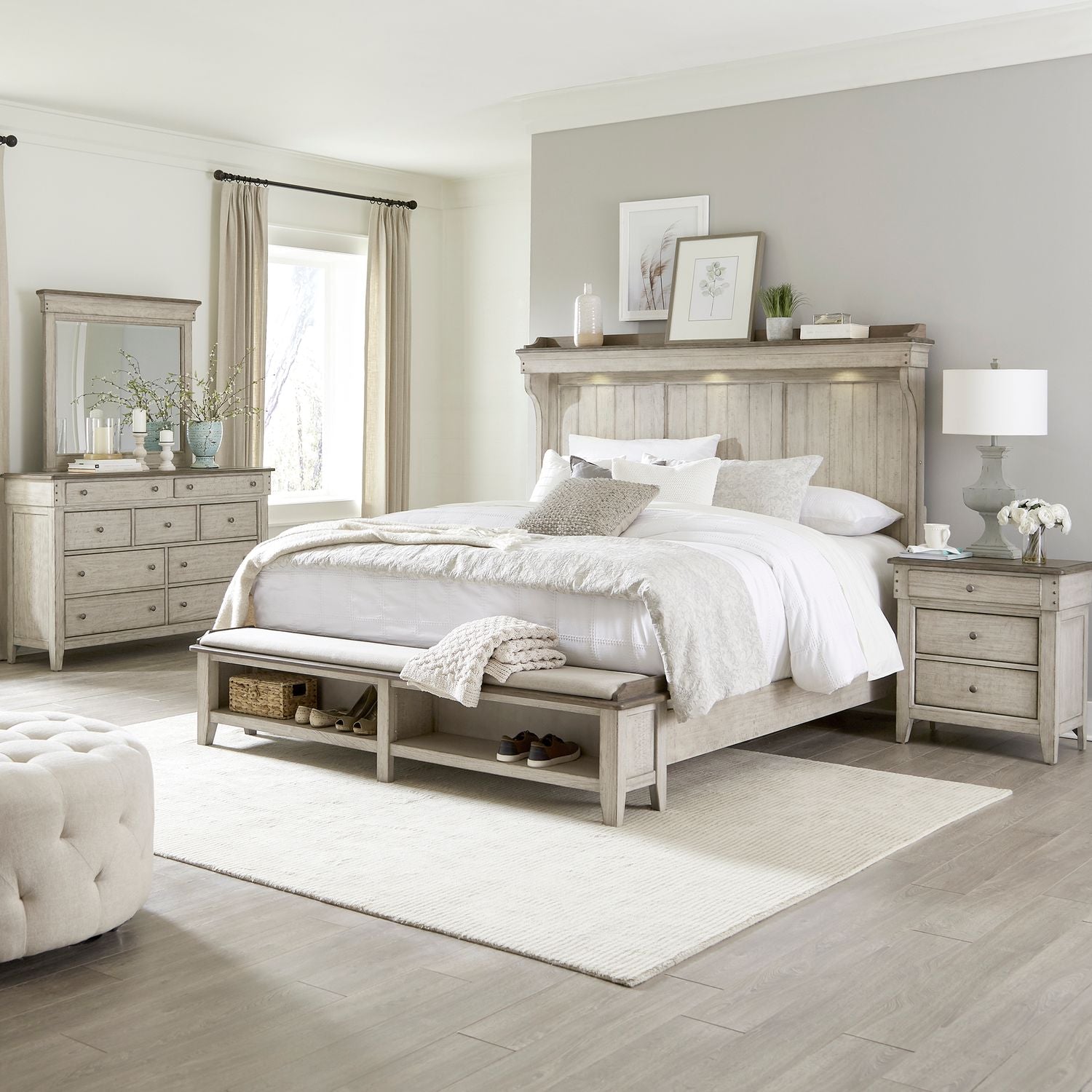 Ivy Hollow King California Mantle Storage Bed, Dresser & Mirror, Nightstand