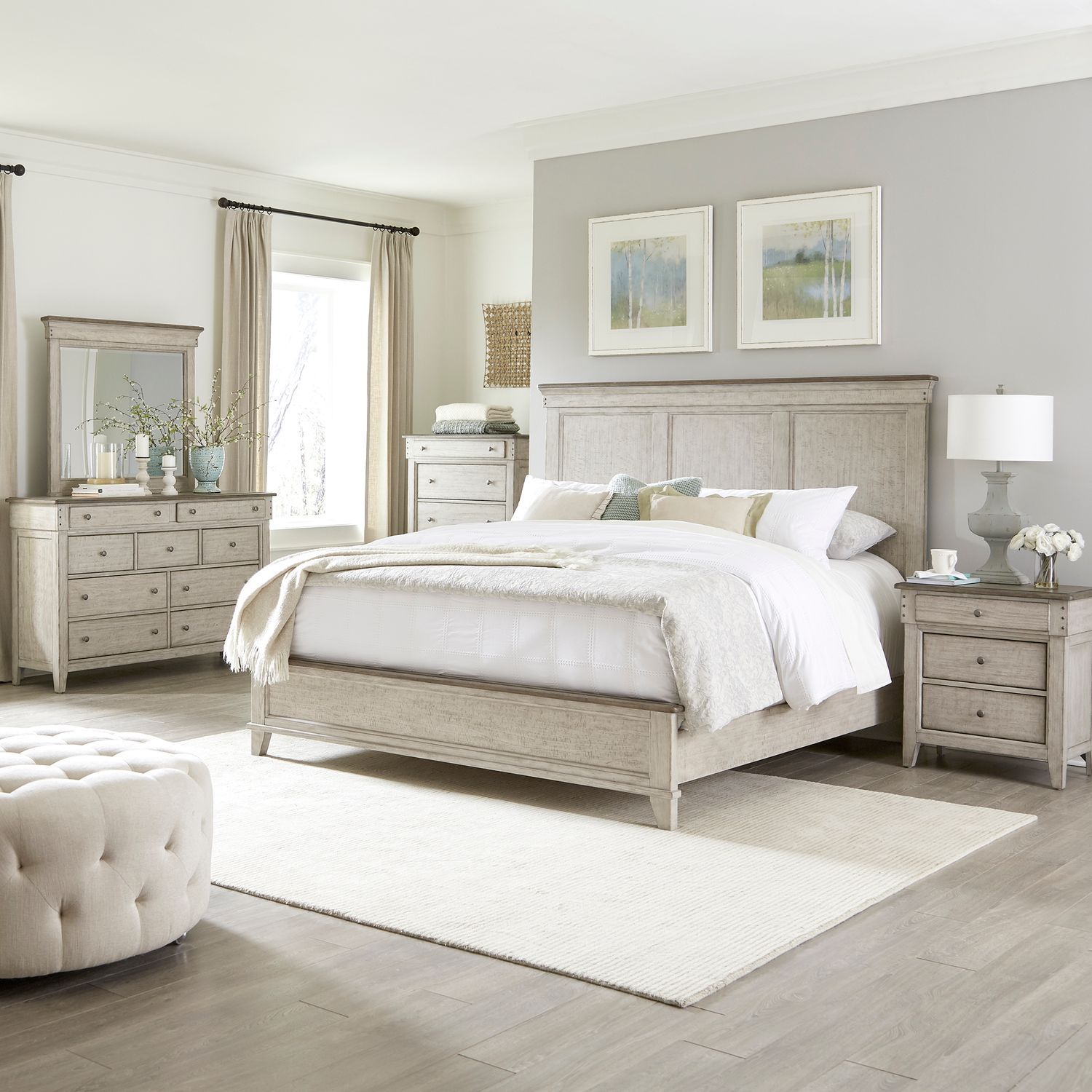 Ivy Hollow King California Panel Bed, Dresser & Mirror, Chest, Nightstand