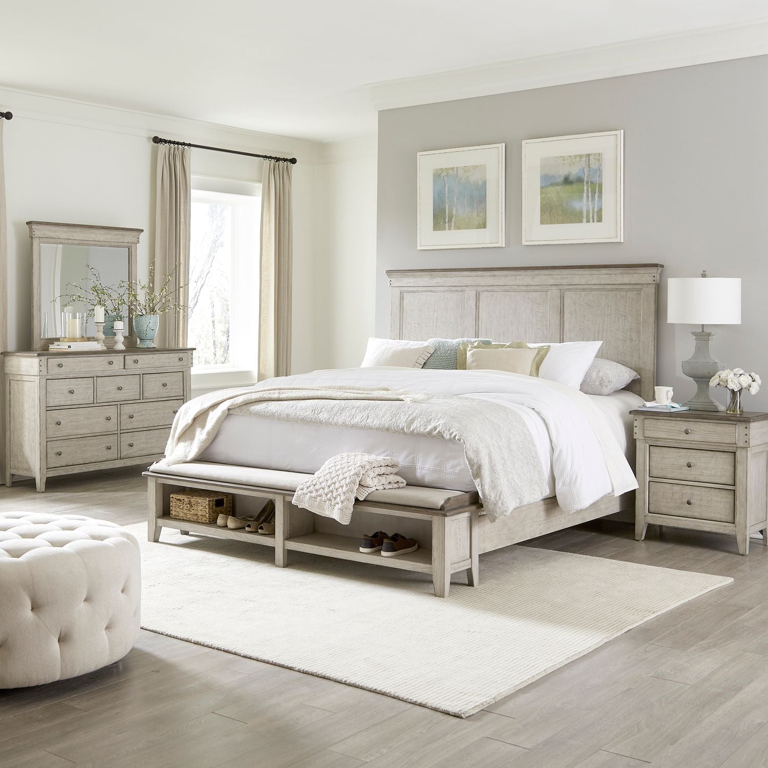 Ivy Hollow King California Storage Bed, Dresser & Mirror, Nightstand