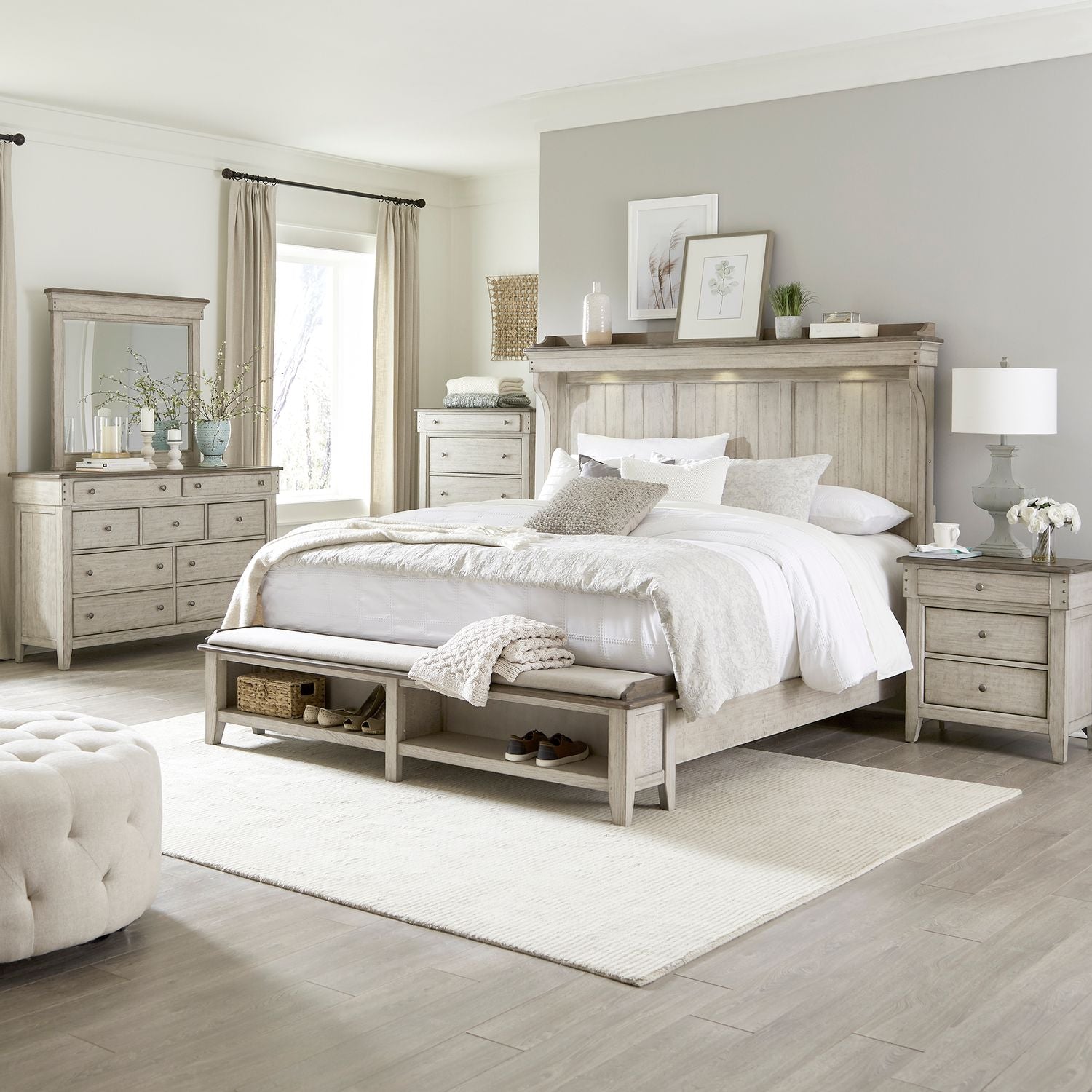 Ivy Hollow King Mantle Storage Bed, Dresser & Mirror, Chest, Nightstand