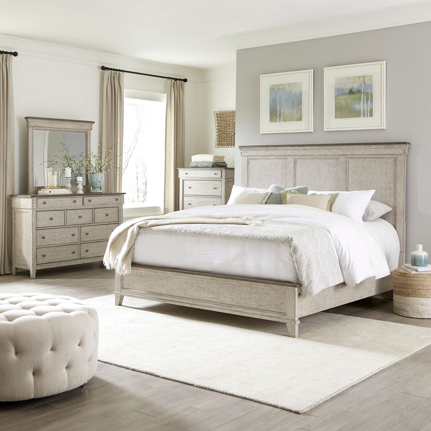 Ivy Hollow King Panel Bed, Dresser & Mirror, Chest