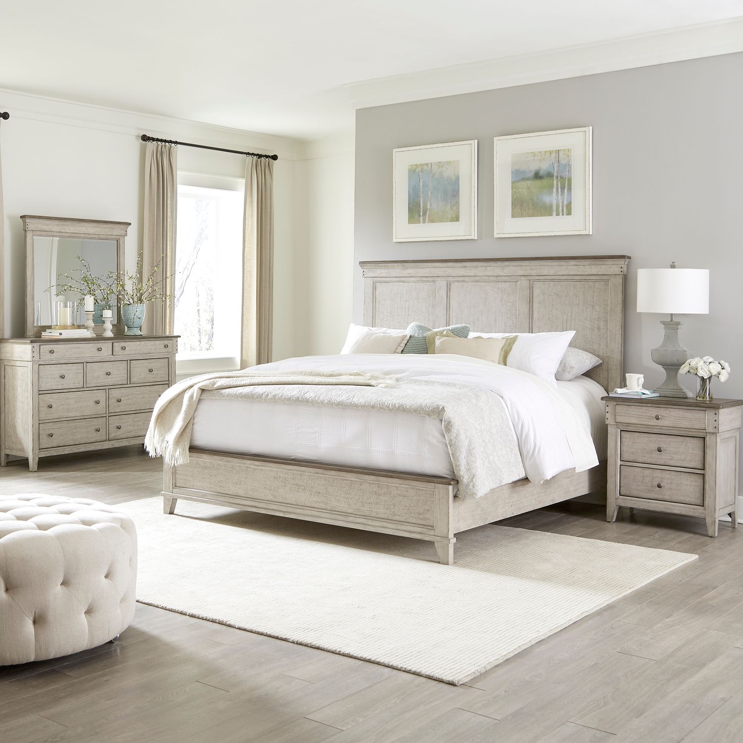 Ivy Hollow King Panel Bed, Dresser & Mirror, Nightstand