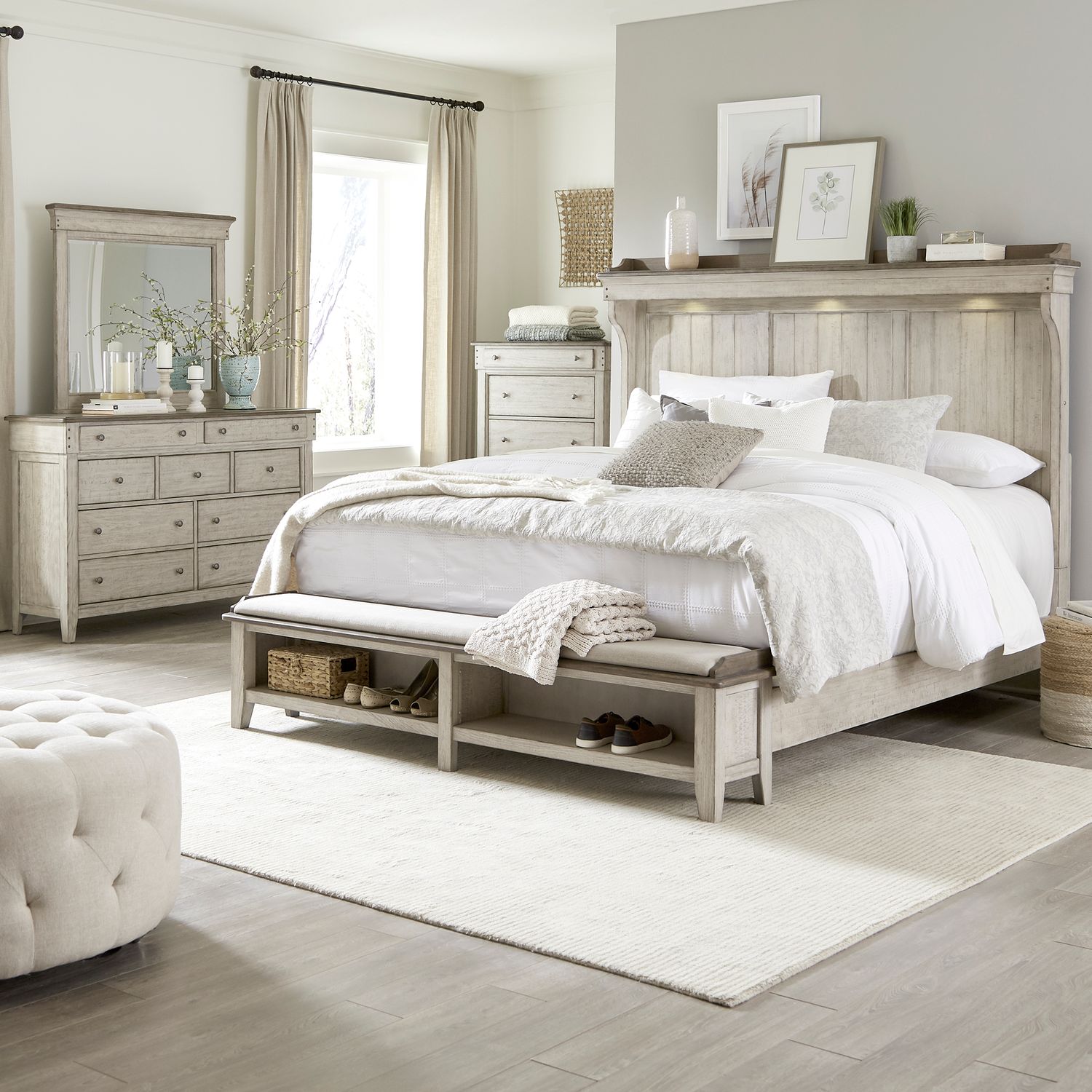 Ivy Hollow Queen Mantle Storage Bed, Dresser & Mirror, Chest