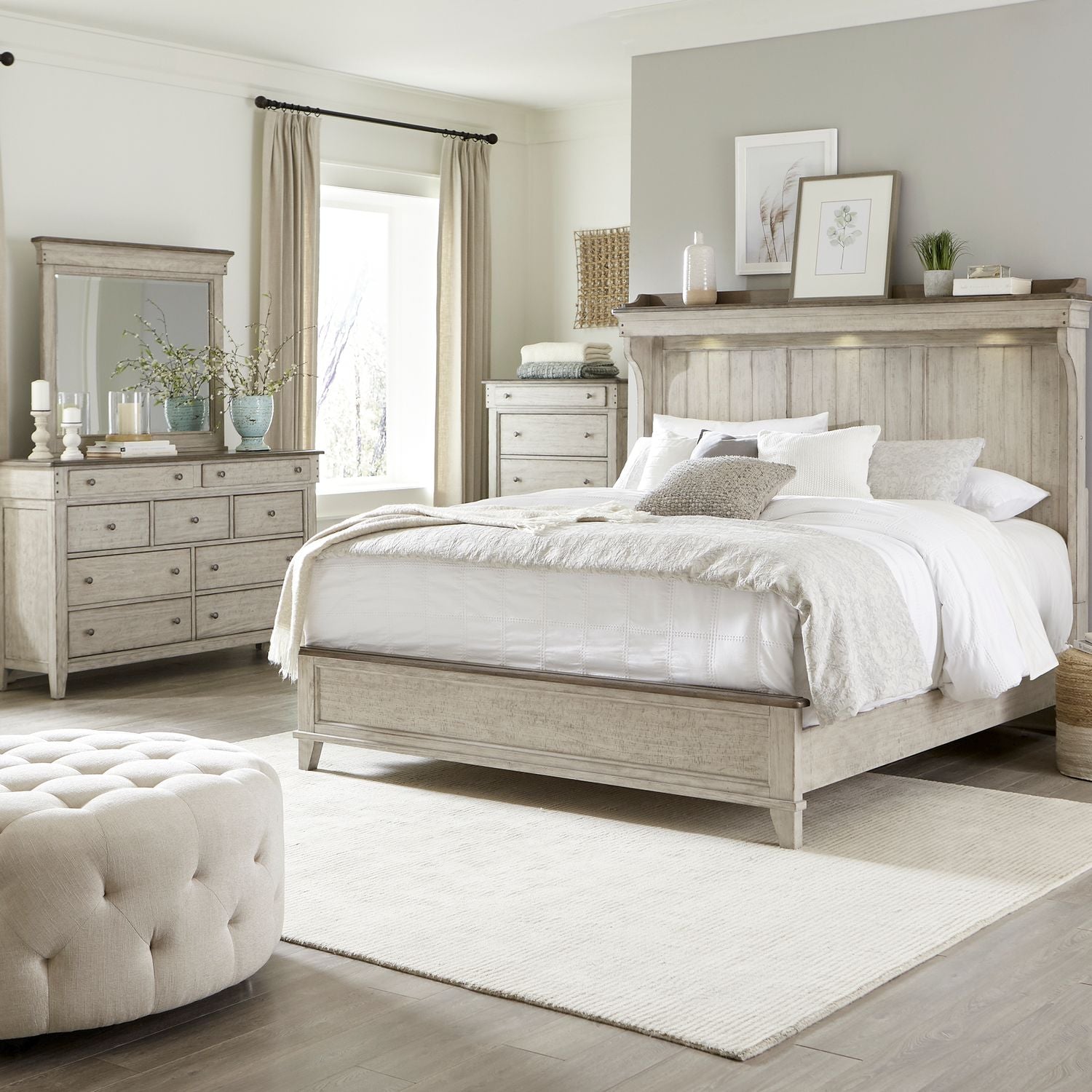 Ivy Hollow Queen Mantle Bed, Dresser & Mirror, Chest