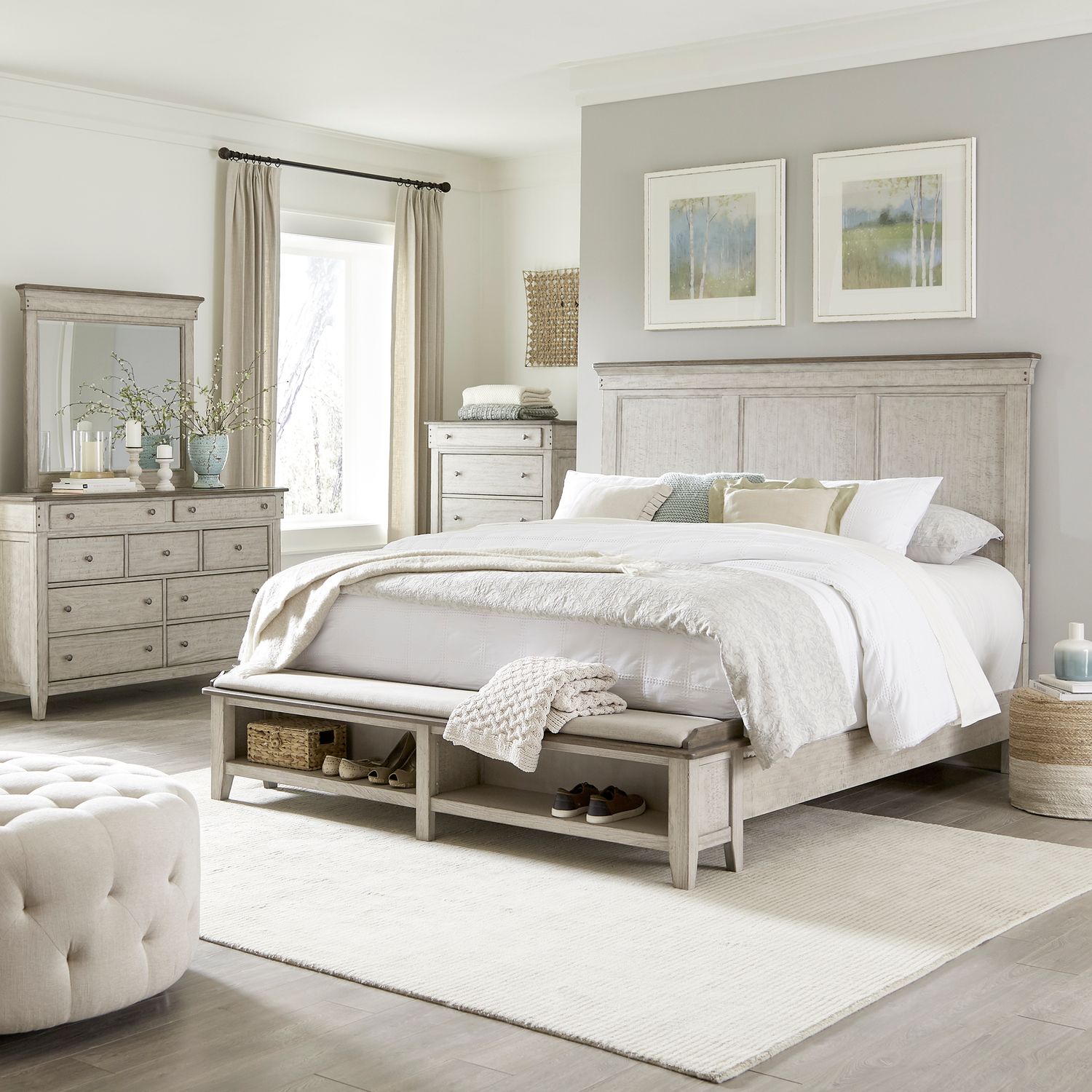 Ivy Hollow Queen Storage Bed, Dresser & Mirror, Chest