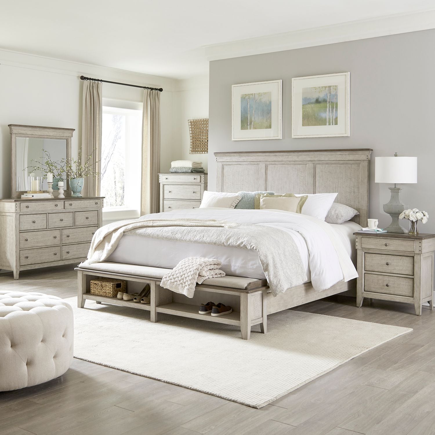 Ivy Hollow Queen Storage Bed, Dresser & Mirror, Chest, Nightstand